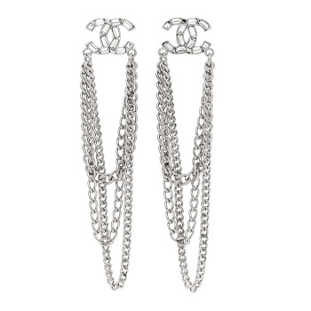CHANEL Crystal Baguette CC Chain Drop Earrings Silver