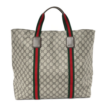GUCCI Tender GG Supreme Monogram Textured Dollar Calfskin Web Tote Beige Ebony New Acero