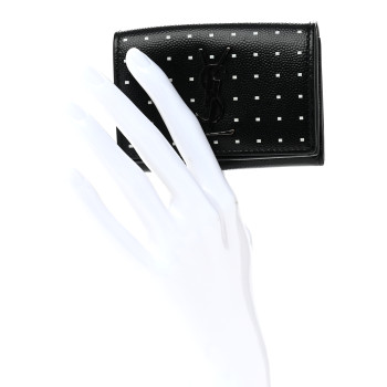 SAINT LAURENT Grain De Poudre Geo Print Monogram Tri Fold Wallet Black White