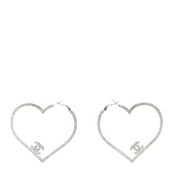 CHANEL Swarovski Crystal CC Heart Hoop Earrings Silver