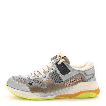 GUCCI Metallic Calfskin Suede Womens Ultrapace Sneakers 37.5 Silver Oatmeal