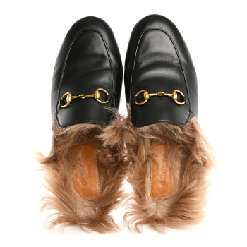 GUCCI Calfskin Fur Womens Princetown Slippers 37.5 Black