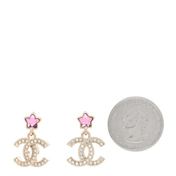 CHANEL Metal Crystal CC Star Drop Earrings Gold Pink