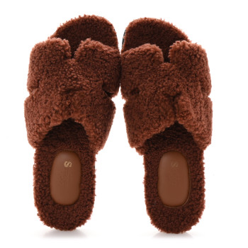 HERMES Woolskin Mens Izmir Sandals 44 Cognac