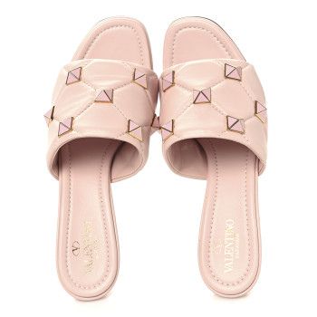 VALENTINO GARAVANI Nappa Enamel Quilted Monochrome Roman Stud 65mm Slide Sandals 39.5 Rose Cannelle