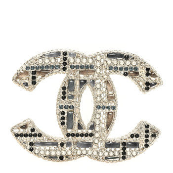 CHANEL Crystal Pearl CC Tweed Brooch Blue White Pearly White