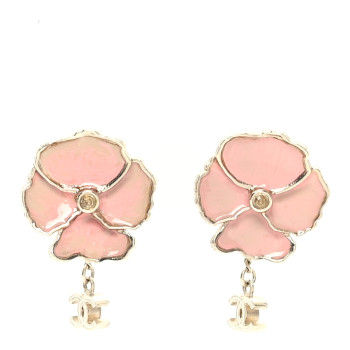 CHANEL Enamel Crystal CC Camellia Drop Clip On Earrings Pink Gold