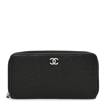 CHANEL Lambskin Camellia Embossed Large Zip Around Gusset Wallet Black CHANEL Lambskin Camellia Embossed Large Zip Around Gusset Wallet Black