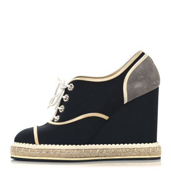 CHANEL Silk Crepe Suede Calfskin Lace Up Wedge Espadrilles 39 Navy Grey
