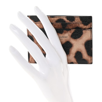 SAINT LAURENT Calfskin Leopard Print Card Case Manto Naturale