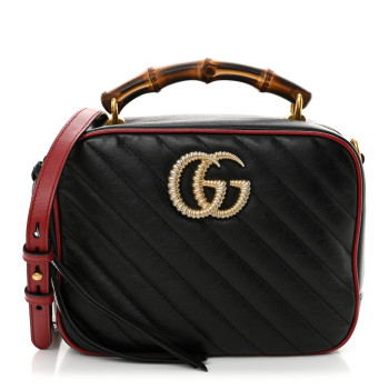 GUCCI Vintage Effect Calfskin Matelasse Diagonal Small Torchon GG Marmont Bamboo Top Handle Shoulder Bag Black Romantic Cherry