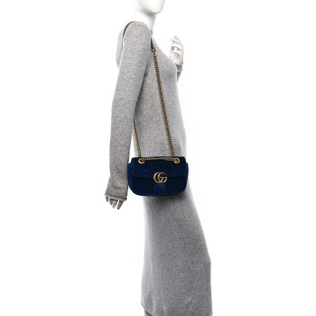 GUCCI Velvet Matelasse Mini GG Marmont Shoulder Bag Cobalt Blue