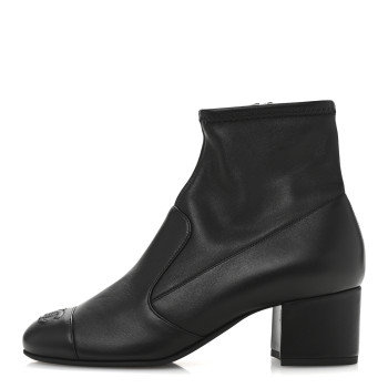 CHANEL Stretch Lambskin Cap Toe CC Uniform Short Boots 37.5 Black