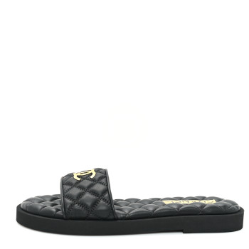 CHANEL Lambskin Quilted Textured CC Mules Sandals 38.5 Black