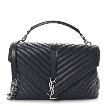 SAINT LAURENT Sheepskin Matelasse Chevron Monogram Large College Satchel Deep Marine