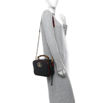 GUCCI Vintage Effect Calfskin Matelasse Diagonal Small Torchon GG Marmont Bamboo Top Handle Shoulder Bag Black Romantic Cherry