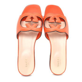 GUCCI Cosmos Softy Calfskin Interlocking G Cut Out Slide Sandals 37 Deep Orange