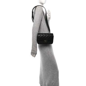 CHANEL Shiny Goatskin Quilted Small Double Carry Waist Chain Flap Black