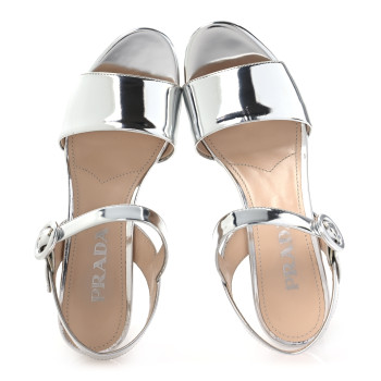 PRADA Vitello Metallic Calfskin Platform Sandals 37.5 Argento