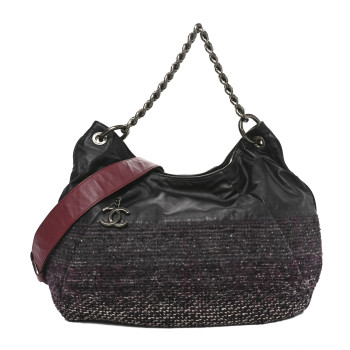 CHANEL Calfskin Tweed Coco Pleats Hobo Black Burgundy