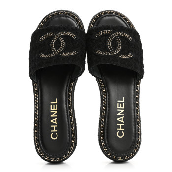 CHANEL Wool Alpaca Chain CC Slide Sandals 37 Black