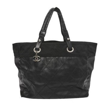 CHANEL Coated Canvas Quilted Large Paris Biarritz Tote Black