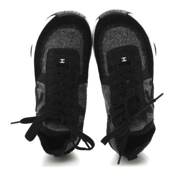 CHANEL Knit Fabric Suede Calfskin Womens CC Sneakers 38 Grey Black