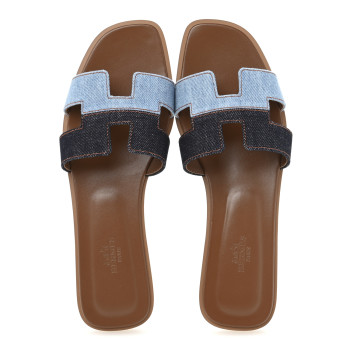 HERMES Denim Canvas Oran Sandals 39.5 Bleu Brut Bleu Clair