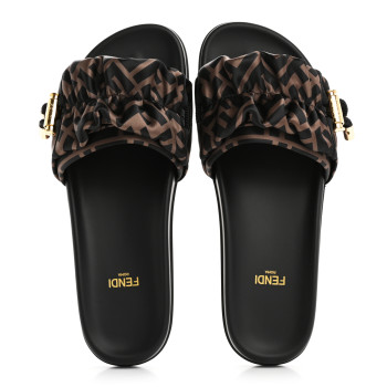 FENDI Satin FF Fendi Feel Slide Sandals 37 Tobacco Black