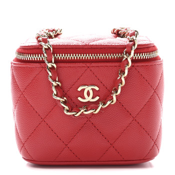 CHANEL Caviar Quilted Mini Vanity Case With Chain Red