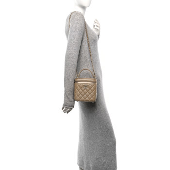 CHANEL Caviar Quilted Small Top Handle Vanity Case With Chain Dark Beige