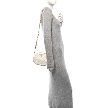 CHANEL Lambskin Enamel Quilted Mini Clip Round Camera Case White
