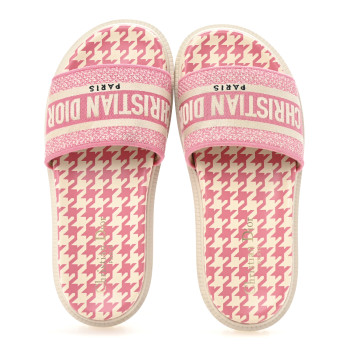 CHRISTIAN DIOR Micro PDP Cotton Houndstooth Embroidered Dway 10mm Slide Sandals 37.5 Peony