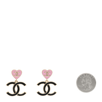 CHANEL Metal Enamel CC Heart Drop Earrings Gold Black Pink