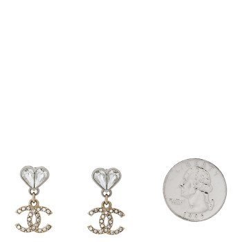 CHANEL Crystal CC Heart Drop Earrings Gold Silver