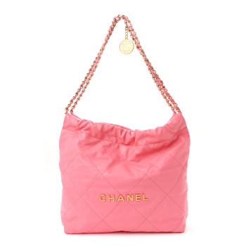 CHANEL Shiny Calfskin Quilted Small Chanel 22 Coral Pink