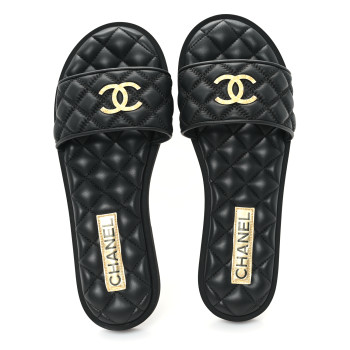 CHANEL Lambskin Quilted Textured CC Mules Sandals 38.5 Black