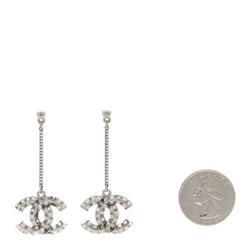 CHANEL Crystal Baguette CC Drop Earrings Silver