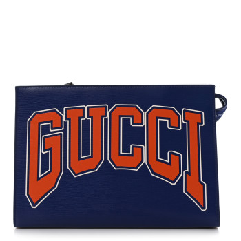 GUCCI New Shanghai Calfskin Interlocking G Logo Wristlet Pouch Cobalt Blue Orange