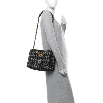 CHANEL Tweed Quilted Large Chanel 19 Flap Black Silver Ecru