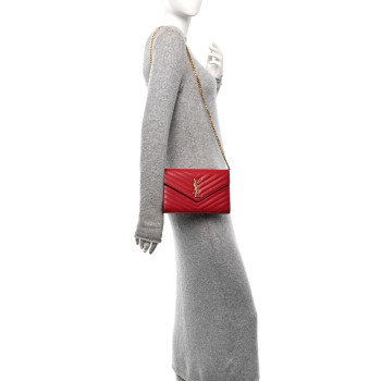 SAINT LAURENT Grain De Poudre Matelasse Chevron Monogram Chain Wallet New Red