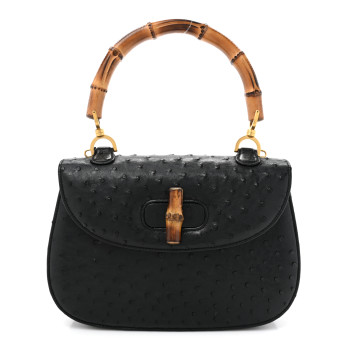GUCCI Ostrich Medium Bamboo Top Handle Bag Black