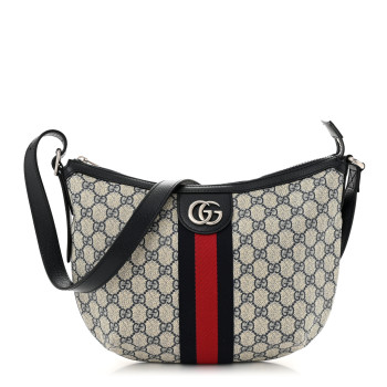 GUCCI GG Supreme Monogram Textured Dollar Calfskin Web Small Ophidia Half Moon Hobo Beige Blue
