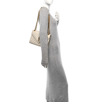 SAINT LAURENT Grain De Poudre Textured Mixed Matelasse Medium Triquilt Monogram Satchel Crema Soft
