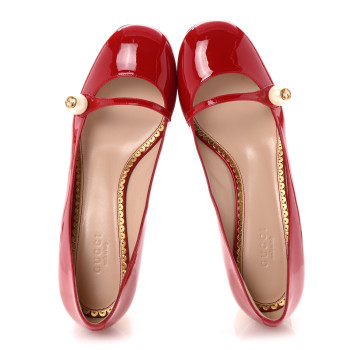 GUCCI Vernice Crystal Pearl Embellished Mary Jane Pumps 37.5 Hibiscus Red