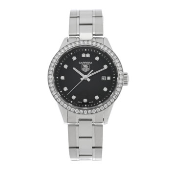 TAG HEUER Stainless Steel Diamond Bezel 28mm Carrera Lady Quartz Watch Black WV1412