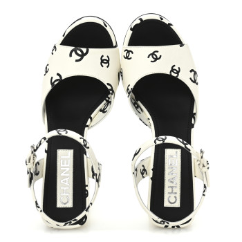 CHANEL Printed Lambskin CC Platform Sandals 39 White Black
