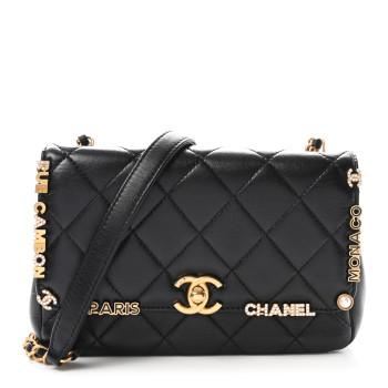 CHANEL Lambskin Enamel Strass Quilted Mini Paris Monaco Flap Black