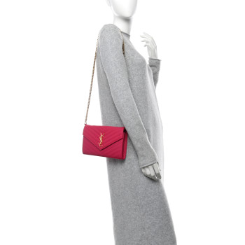 SAINT LAURENT Grain De Poudre Matelasse Chevron Monogram Chain Wallet Lipstick Fuchsia