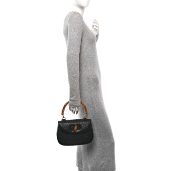 GUCCI Ostrich Medium Bamboo Top Handle Bag Black